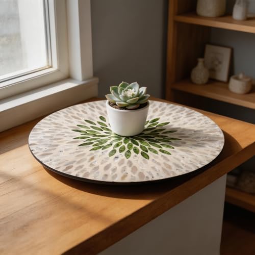 13.4" Mother of Pearl Lazy Susan, Table Centerpiece Round Shell Decorative Lazy Susan Turntable Rotating Tray Organizer for Cabinet Counter Gift Kitchen Office Cafe Home Decor (White Green) - Image 4