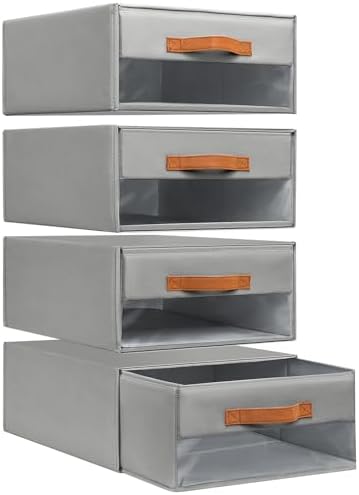 DIMJ Closet Organizers and Storage - Fabric Bins with Drawers for Closet Foldable Clothes Organizers with Clear Window, Stackable Storage Drawers Units for Bedroom, Living Room, 4-Pack, Grey by DiMJ
