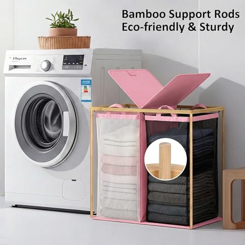 efluky Double Laundry Hamper with Lid and 2 Removable Bags, Pink - Image 2