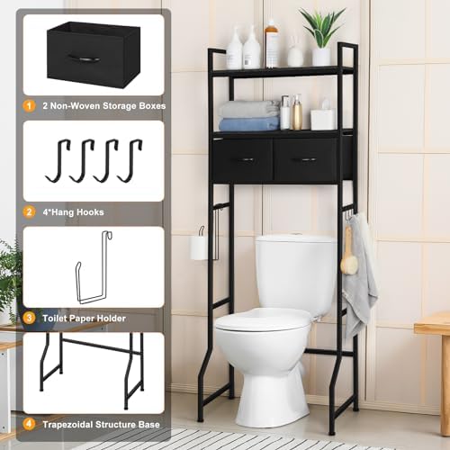 ETELI Over The Toilet Storage Bathroom Cabinet 3 Tier Freestanding Over Toilet Storage Cabinet Shelf Space Saving Behind Above Toilet Bathroom Organizer with Fabric Drawers, Black - Image 3