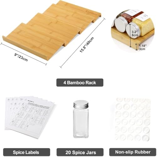 Spice Drawer Organizer with 20 Spice Jars,216 Labels,50 Non-slip Rubber, Bamboo 4 Tier Seasoning Rack Tray Insert for Kitchen Drawers,Cabinets,Countertop,9" Wide x 15.8" Deep - Image 3
