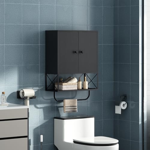 MAHANCRIS Bathroom Wall Cabinet with 2 Door and Adjustable Shelf, Farmhouse Medicine Cabinet with Towel Rack, 3-Tier Wall Mounted Storage Cabinet Over The Toilet for Bathroom, 18.9" L, Black - Image 2