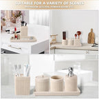 XLHOMO Resin Beige Bathroom Accessories Set 5 Pcs, Lotion Soap Dispenser, Toothbrush Holder, Bathroom Tumbler, Qtip Holder and Vanity Tray, Bathroom Countertop Organizer Set for Modern Home Apartment - Image 6