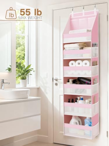 Criusia Over the Door Organizer, 6-Shelf Closet Hanging Storage with 13 Mesh Pockets, 55lbs Capacity Behind the Door Storage for Baby Nursery, Bathroom, Bedroom, and Dorm, Pink - Image 6