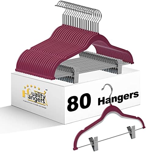 80 Pack Raspberry Quality Plastic Non Velvet Non-Flocked Thin Compact Coat Hangers with Metal Clips for Skirts Pants Blouses 360° Swivel Hook by QualityHangers