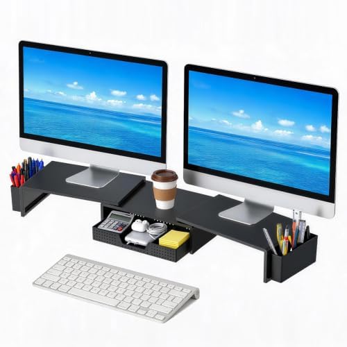 LEKETREE Dual Monitor Stand Riser with Drawer and 2 Pen Holders, Black by Stylishworkspaceeffortlessorganization