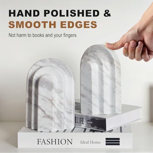 Natural Marble Book Ends - Heavy Duty Bookends for Shelves - Aesthetic Layered Arch Design Stone Book Holders, Modern Office Bookshelf Stopper Decor for Books/CDs (Volakas) - Image 5