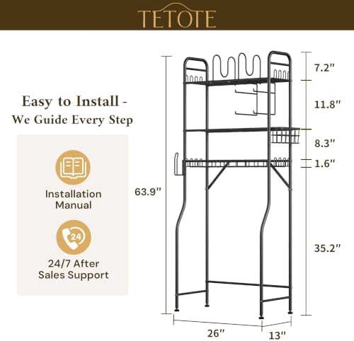TETOTE Over The Toilet Storage Rack, 3-Tier Bathroom Organizer Shelf Over Toilet with Toilet Paper Roll Holder, Freestanding Metal Rack, Black - Image 2