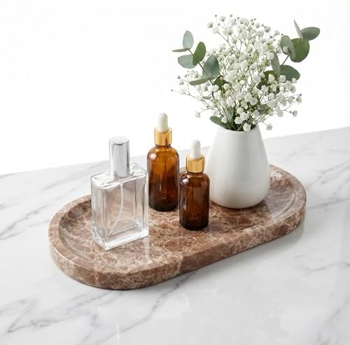 Light Emperador Marble Vanity Tray for Bathroom Counter, 10"x5" Decorative Tray for Perfume, Candles, Stone Jewelry Dish Tray by Casacouture