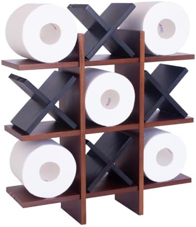 DAOYOUSKY Tic Tac Toe Toilet Paper Holder Stand with 4pcs Wooden X, Farmhouse Rustic Wall Mounted Funny Toilet Papers Storage Organizer with Shelf, Guest Bathroom Decor, Brown and Black by Unknown