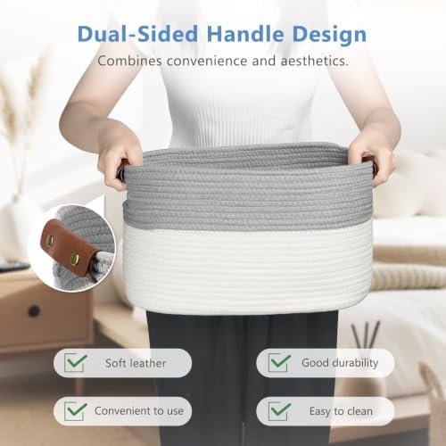 ECDYQXVU 15x10x9 Woven Cotton Rope Storage Basket, Leather Handles 2 Pack - Image 2