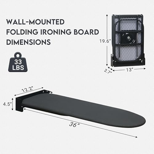 Wall Mounted Ironing Board,Space-Saving Compact Wall Mount Fold Down Iron Board for Laundry Room, 36" x 12", Black - Image 6