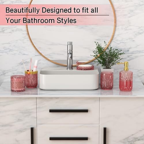 New Pink Glass Bathroom Accessories Set 5 Pcs, Pink Bathroom Set, Soap Dispenser and Toothbrush Holder Set, Qtip Holder Set, Vintage Bathroom Sink Set, Cute Bathroom Decor - Image 5