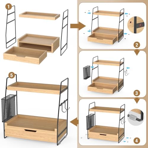 2-Tier Bathroom Counter Organizer with Drawer, Wood Counter Storage Shelf - Image 5