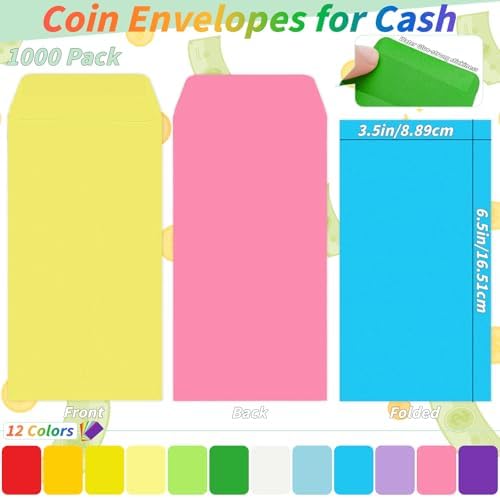 1000 Pcs Money Envelopes for Cash 3.5x6.5in 12 Color Colored Coin Envelopes Small Cash Envelopes with Gummed Flaps for Money Saving Challenge Small Item Organizer Coins Tickets Tips Parts Seed Storage - Image 2