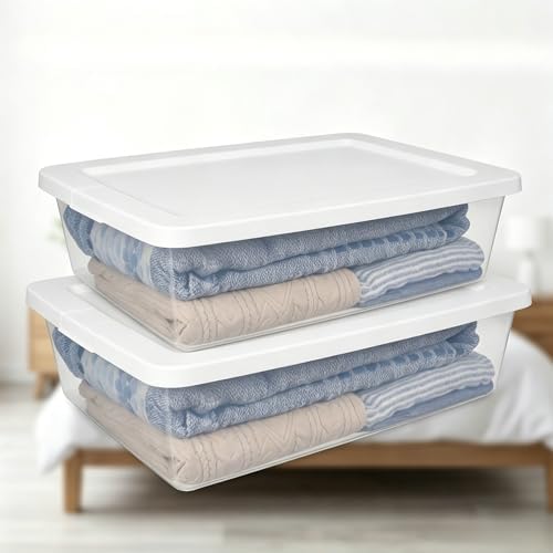 (2 pack) 28 Quart Clear Storage Bin with Lid, Under Bed Storage Container, Low-Profile Stackable Plastic Bin for Clothes, Towels by Unknown