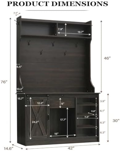 4ever2buy Farmhouse Hall Tree with Bench & Shoe Storage，Oak - Image 2