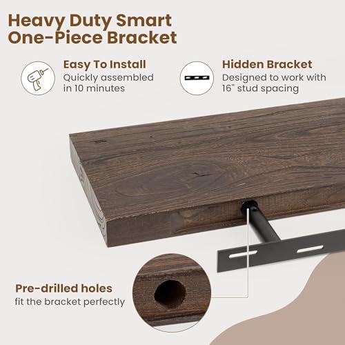 Floating Shelves for Wall Decor, 8 Inch Deep Rustic Solid Elm Wood Floating Shelves Wall Mounted, Wall Shelves with Invisible Bracket for Living Room Bathroom Bedroom Kitchen, 55 Inch Set of 1, Walnut - Image 6