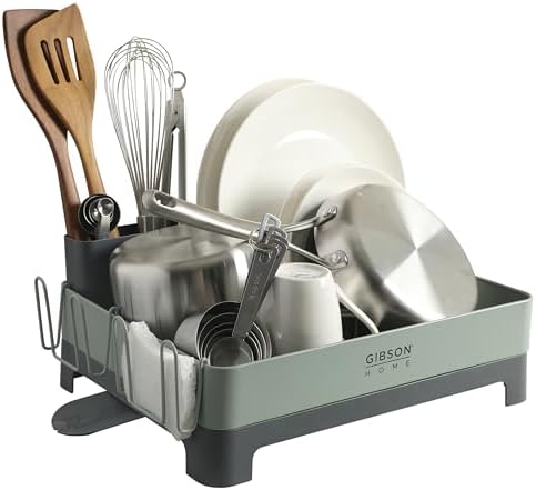 Gibson Home Nestcraft Full Size Rust Resistant Dish Rack with Drain Board and Flatware Caddy - Green by GibsonHomewares