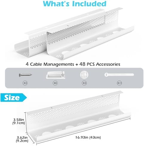 KHAMAL Cable Management Under Desk 52PCS - Cable Management Tray Kit Ventilated Hexagonal Design with Cable Clips, Wire Ties, Cord Holder & Screws for Office, Home - 4 White Sets - Image 4