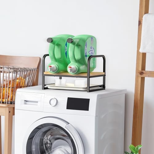 Laundry Detergent Holder Stand with Drip Tray, Black Frame & Natural Wood - Image 2
