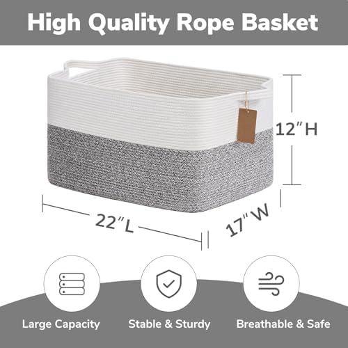 Goodpick 75L Extra Large Woven Rope Blanket Basket, Rectangle, Light Gray - Image 3