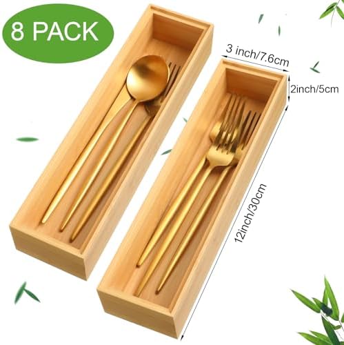 Kigley 8 Pcs Bamboo Drawer Organizer for Kitchen, 12x3x2 Inch, Wood - Image 2
