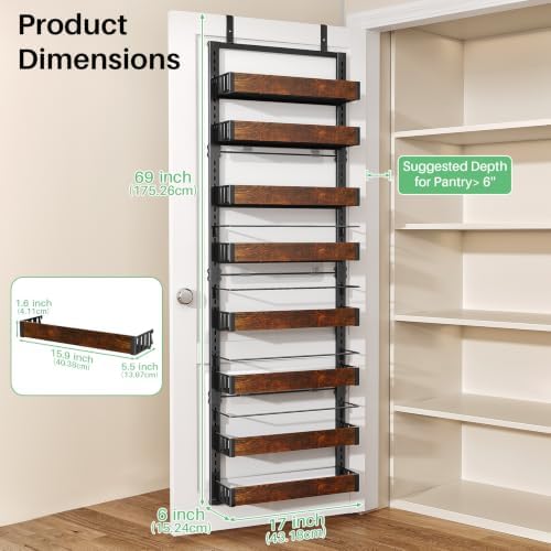 SNTD 8 Tiers Wooden Over Door Organizer, 17" W x 6" D x 69" H, Rustic Brown - Image 2