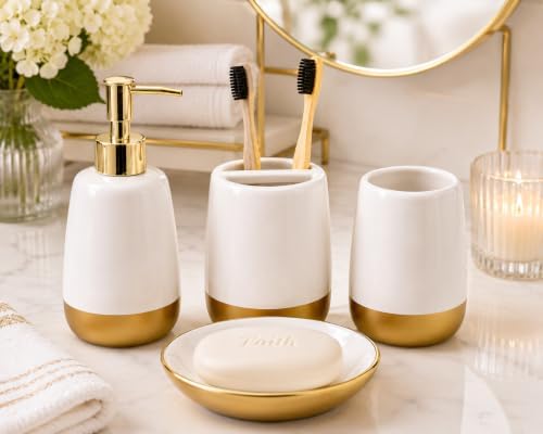 4-Piece Ceramic Bathroom Accessories Set, White and Gold Bathroom Set with Soap Dispenser, Toothbrush Holder, Tumbler and Soap Dish, Modern Vanity Countertop Decor - Image 2