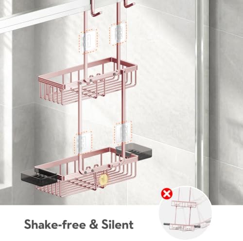 Over the Door Shower Caddy Hanging With Double Soap Holder Never Rust Aluminum Shower Shelf With 4 Hooks Hanging Bathroom Organizer No Drilling Shelves for Bathroom Storage Pink - Image 6