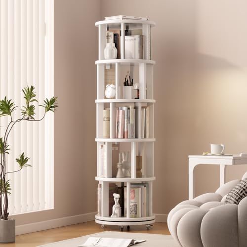 Muwuele 5 Tier Solid Wood Rotating Bookshelf Tower on Wheels, White by Muwuele