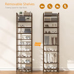 usikey 10 Tiers Narrow Shoe Rack 20-30 Pairs, Sturdy Metal Tall Shoe Rack Shelf with 4 Hooks, Slim Shoe Storage with Metal Shelf, Space Saving Vertical Shoe Organizer for Closet Entryway, Bronze - Image 6