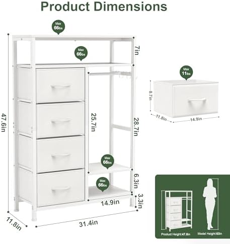 YOSHOOT 31.5" Dresser with Hanging Rack, Closet Dresser for Kids Bedroom - Image 2