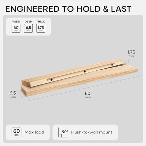 Homeforia 60 Inch Floating Shelves, High-End Solid Pine Wood, Set of 3 - Image 2