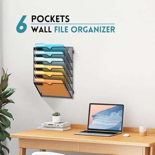 SUPEASY 6 Tier Wall File Organizer, Hanging Wall Mounted Mail Organizer with Label Slots, Metal Mesh File Holder Magazine Rack for Office, Home, School or Classroom, Black, 2Pack - Image 6