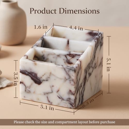 SAMAH Natural Marble Toothbrush Holder, 3-Compartments Marble Pen Holder & Makeup Brush Holder, Multifunctional Desk & Bathroom Counter Organizer for Office Supplies, Remote Holder, Toothbrush - Image 5
