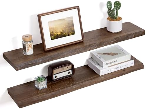 Floating Shelves for Wall Decor, Rustic Solid Elm Wood Live Edge Floating Shelves Wall Mounted, Wall Shelves with Invisible Bracket for Living Room Bathroom Bedroom Kitchen, 36 Inch Set of 2, Walnut by FLYJOE