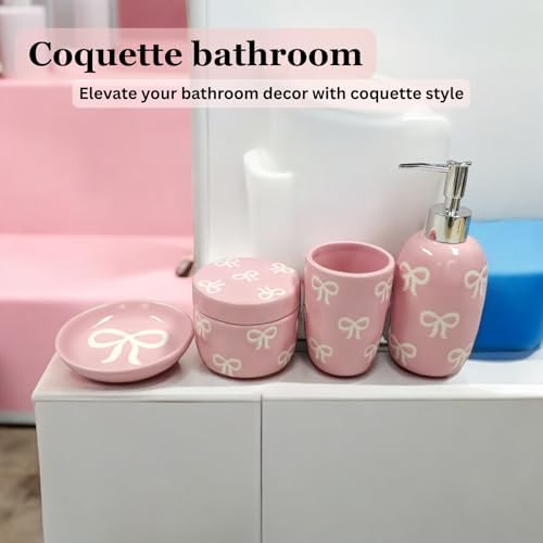 Bow Bathroom Set, 4 Pcs Ceramic Bathroom Accessory Sets - Soap Dispenser, Tumbler Toothbrush Holder, Vanity Soap Tray, Cotton Swab Jars - Pink Bathroom Decor Gift for Her (Pink) - Image 2