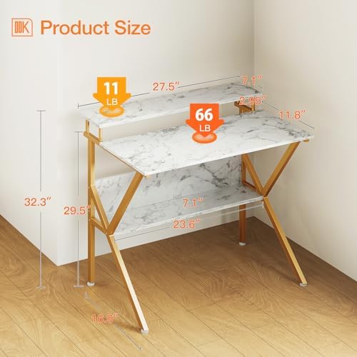ODK 27.5 Inch Small Desk with Storage & Monitor Stand, White Marble - Image 3
