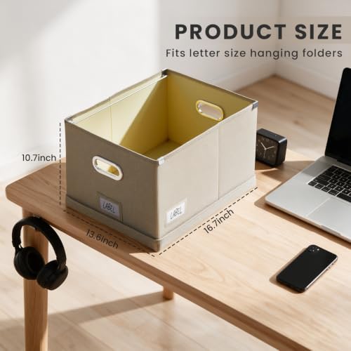 Hanging File Box with Lid & Metal Rails 16.7"x 13.6" x 11.2", Beige - Image 6