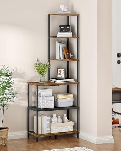 CHOEZON 6-Tier Corner Shelf, Industrial Corner Bookshelf with Desk Top, Diamond-Shaped Storage Shelves, Display Stand for Small Spaces, Living Room, Home Office, Foyer, Rustic Brown and Black TCJ70BF by Choezon