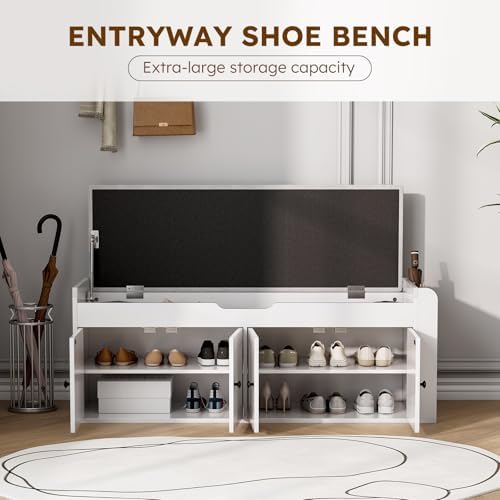 47.2" Storage Bench - Entryway Shoe Bench with Side Storage Shelves and 4 Doors, Multifunctional Entryway Bench with Lift Top Cushion, Shoe Storage Bench for Bedroom, Living Room, White - Image 3