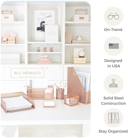 BLU MONACO | Rose Gold Desk Organizer Set | 6 Piece Metal Office Desk Organizer with Mail Sorter, Pen Cup, Sticky Note Holder, Magazine File, Card Holder, Paper Tray | Desk Organizers and Accessories - Image 4