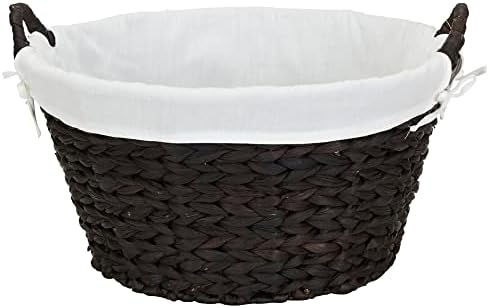 Household Essentials Round Wicker Laundry Basket with Handwoven Water Hyacinth, Metal Frame Support, and Removable Polyester Liner, Brown Finish and White by HouseholdEssentials