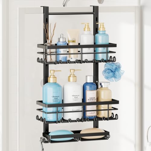 SWTYMIKI Over The Door Shower Caddy - 3 Tier Rustproof Hanging Shower Organizer with Adjustable Shelves, 28 Hooks & Soap Holder, Hanging Shower Rack Storage for Bathroom Accessories, Black by SwtyMiki-TidyHomeSweetLife