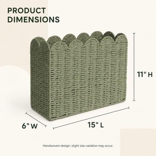 Green Paper Rope Magazine Holder, Scalloped Magazine Basket - Image 5