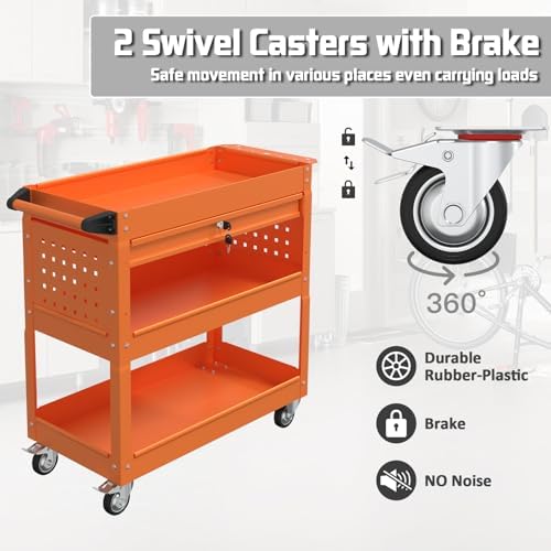 3 Tray Rolling Tool Cart with Drawers, 400 LBS Capacity Mechanic Tool Cart on Wheels, Heavy Duty Utility Cart with Pegboard, Tool Storage Cart for Garage and Repair Shop, Orange - Image 5