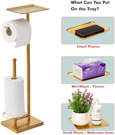Toilet Paper Holder with Tray At the Top, Heavy-Weighted Base No Wobbly, Freestanding Toilet Paper Rolls Stand, Hold Extra 3 Paper Rolls On the Base (Gold) - Image 3