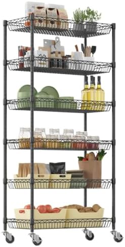 Homdox 6-Tier Rolling Wire Basket Shelf, Adjustable Metal Storage Rack with Wheels for Pantry, Kitchen, Bathroom, Laundry Room and Closet, 30" W x 13.5" D x 65" H, Black by HOMDOX
