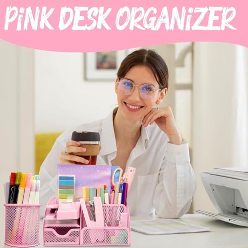 Pink Office Supplies, 17Pcs Pink Desk Accessories Set Include Stapler, Mesh Desk Organizer, Tape Dispenser, Staple Remover, Pen Holder, Clips, Pens, Ruler, for Office Home School Women Students Gift - Image 4